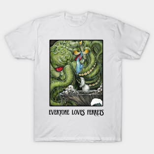 Cthulhu Feeding Ferret - Everyone Loves Ferrets - Black Outlined Version T-Shirt